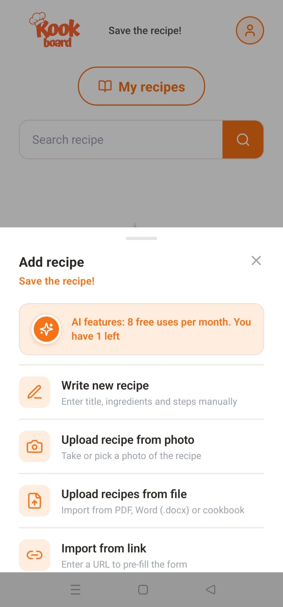 Importing a recipe in Kook Board